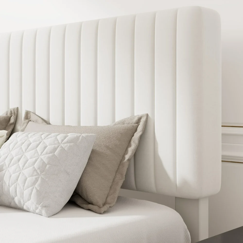 Amolife Queen Size Upholstered Platform Bed Frame with Adjustable Velvet Headboard, Off-White - Image 4