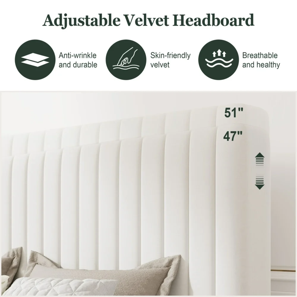 Amolife Queen Size Upholstered Platform Bed Frame with Adjustable Velvet Headboard, Off-White - Image 3