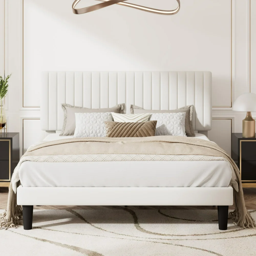 Amolife Queen Size Upholstered Platform Bed Frame with Adjustable Velvet Headboard, Off-White - Image 5