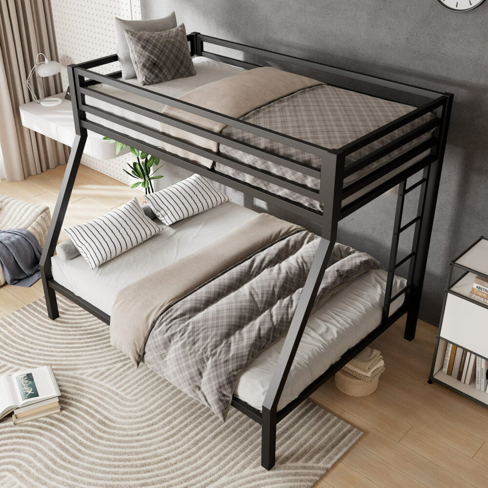 Amolife Twin over Full Size Metal Bunk Bed with Removable Ladder, Full-Length Guardrail, Black - Image 2