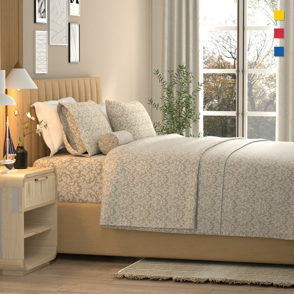 Color Sense 100% Cotton Percale Cool & Crisp Print 4-Piece Sheet Set Queen Addison Damask Linen