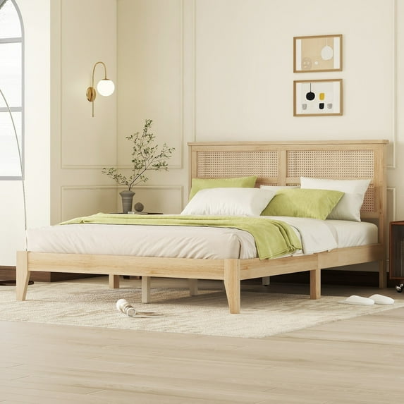 Llinc Store Queen Size Solid Wooden Bed Frame with Rattan Headboard, Enhanced By Extra Middle Support Feet (Natural)