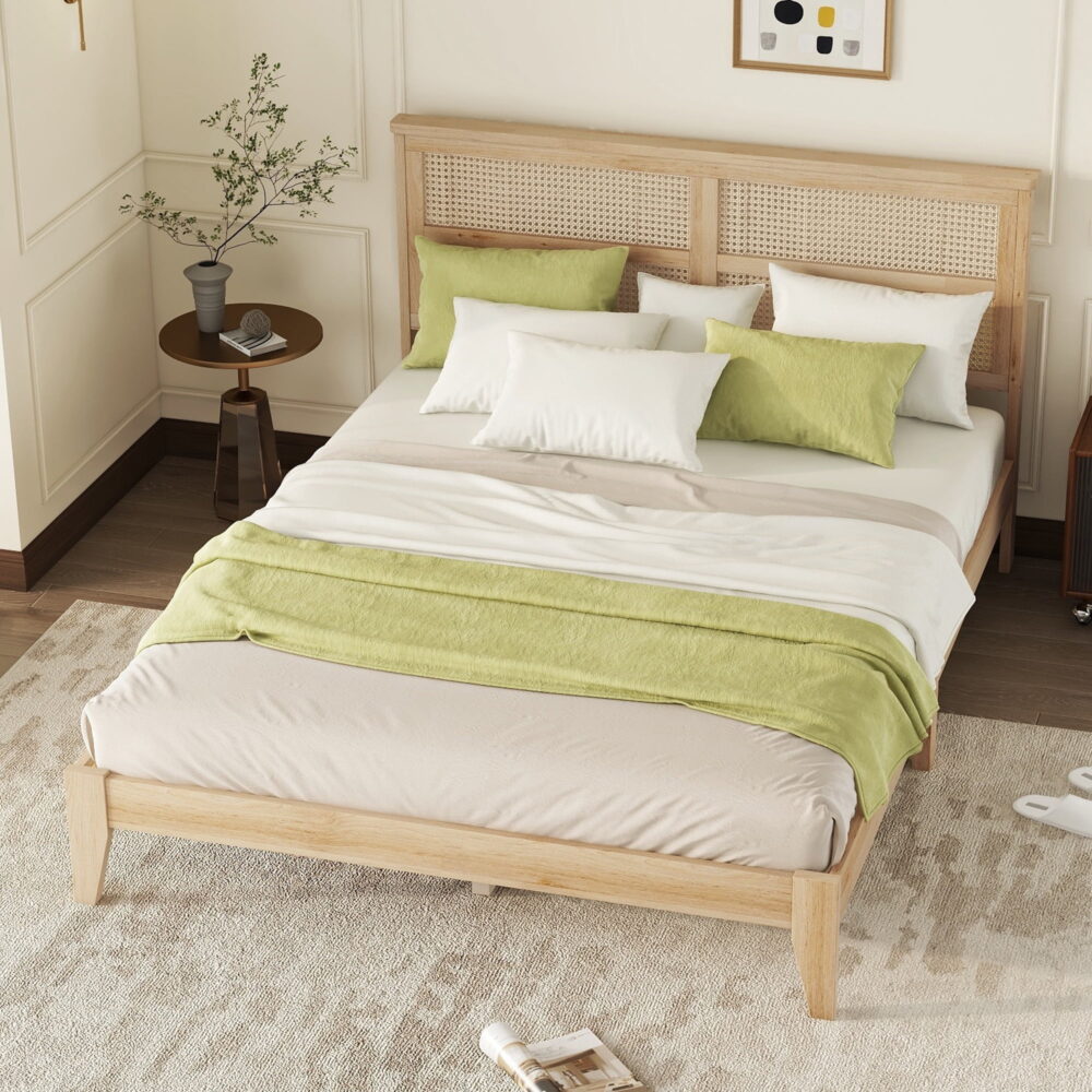 Llinc Store Queen Size Solid Wooden Bed Frame with Rattan Headboard, Enhanced By Extra Middle Support Feet (Natural) - Image 4