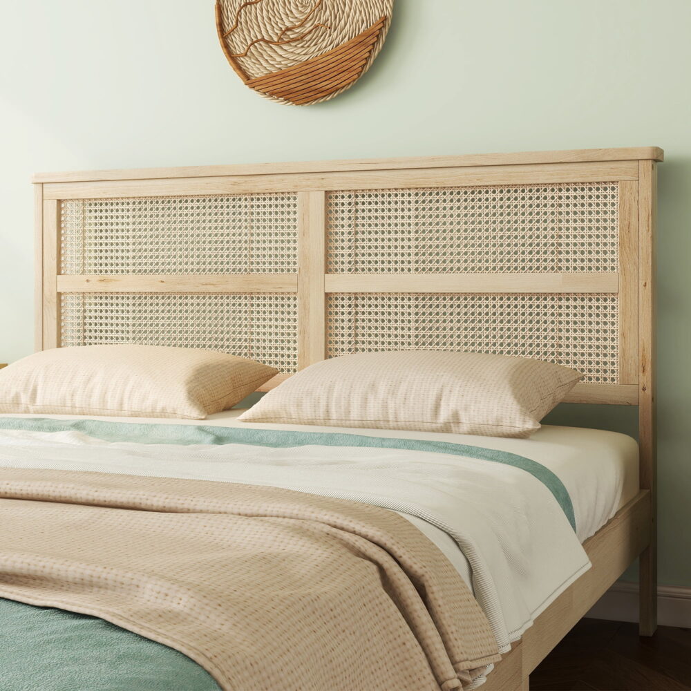 Llinc Store Queen Size Solid Wooden Bed Frame with Rattan Headboard, Enhanced By Extra Middle Support Feet (Natural) - Image 2