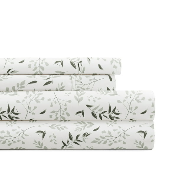 Noble Linens 4 Piece Pattern Microfiber Bed Sheets Set, Tossed Foliage Eucalyptus, Queen
